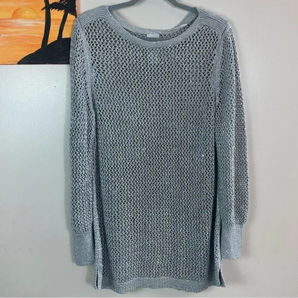 Chico's Gray Crew Neck Sweater with Ribbed Knit